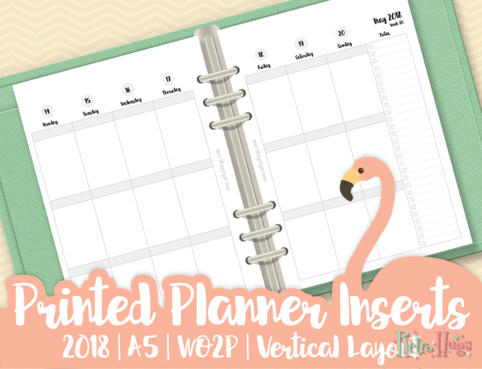 Planner Inserts | 2018 | A5 | WO2P (Week On Two Pages) | Vertical Layout