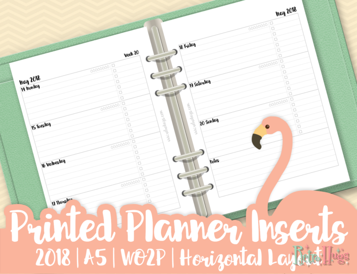 Planner Inserts | 2018 | A5 | WO2P (Week On Two Pages) | Horizontal Layout