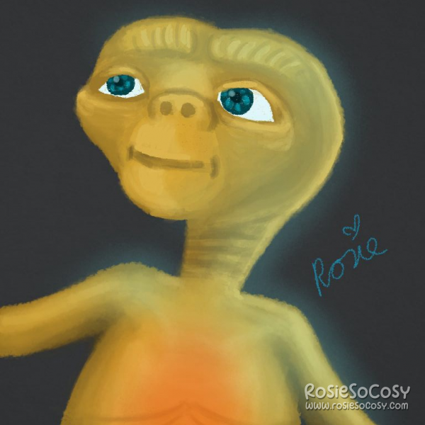 An illustration of E.T. from the movie E.T. from 1982. E.T. is looking to the left. He is a golden yellow with a blue glowy hue surrounding him. Inside him it's glowing red. E.T. is smiling.