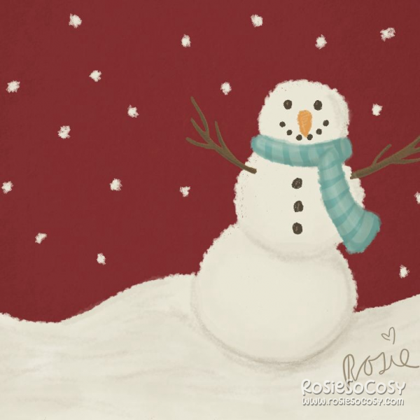 A creamy white snowman standing in the middle of hills of snow. The snowman is smiling, has a light blue striped scarf, and three black buttons, an orange carrot as a nose and two brown sticks as arms. It's snowing all around the snowman. And the background is dark red.