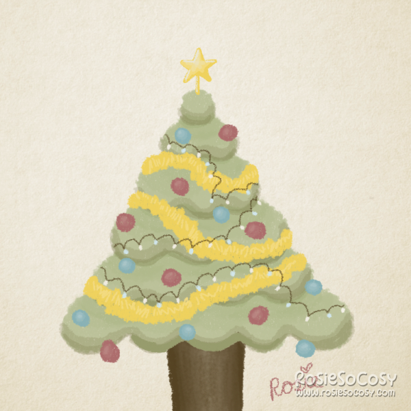 A triangular shaped green Christmas tree with a dark brown base which looks like a bucket. The tree is a pastel green colour. There are yellow fluffy garlands all over the tree, as well as red and blue baubles. White and light blue string lights are wrapped around the christmas tree as well. At the very top of the tree is a yellow star topper. The background is a beige paper texture.