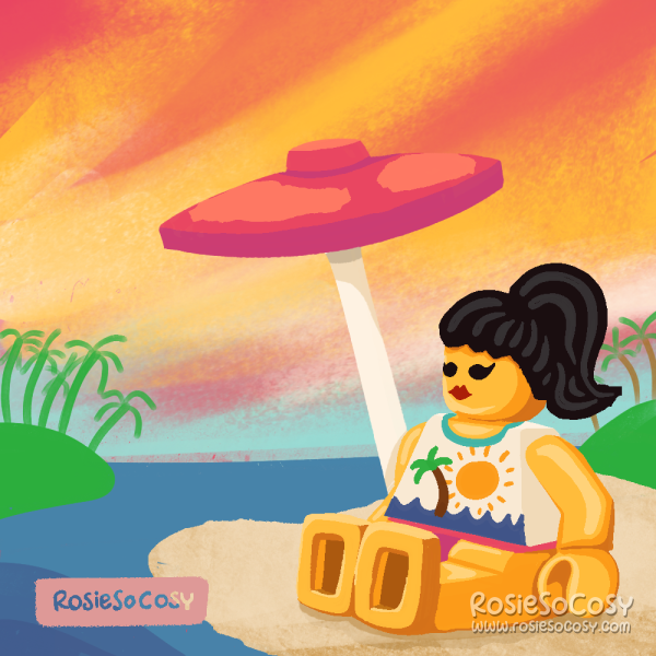 An illustration of a Paradisa LEGO minifig sitting on the beach underneath a pink parasol. There's a sunset in the distance visible, as well as green islands with green palm trees. The beach is surrounded by a blue sea. The Paradisa minifig has a white tank top with a tropical print with sun, sea and a palm tree. She has a black ponytail and black eyes, and a red mouth.