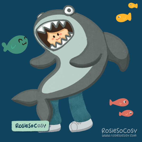 An illustration of a dressed up kid. They are wearing a shark costume, blue jeans and white sneakers. The kid seems to be surrounded by actual fish. Most are swimming by, but kne fish is smiling at the child.