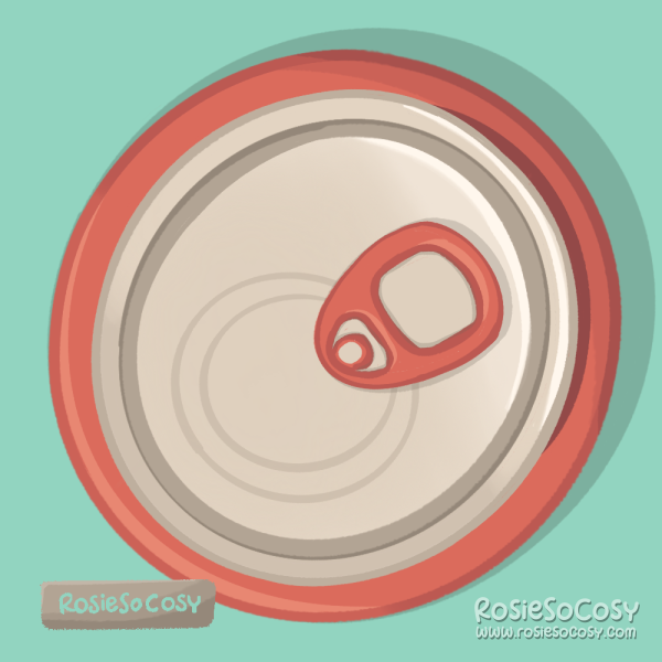 Illustration of a red soda can, as seen in a top down position. 