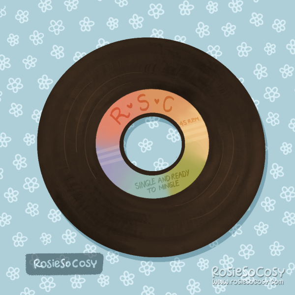 An illustration of a 45 r.p.m. single with a rainbow gradient label, with the text RSC in big, and below it says “SINGLE AND READY TO MINGLE”