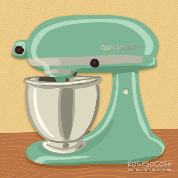 Illustration of a soafoam kitchen mixer with a shiny steel bowl.