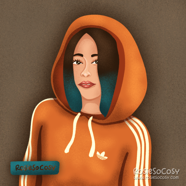 An illustration of a woman wearing an orange Adidas hoodie with white stripes.