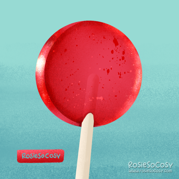 An illustration of a red, round lollipop against the blue (sky) background.