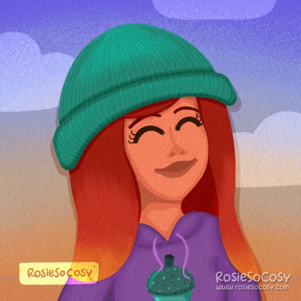 An illustration of mermaid Ariel from The Little Meemaid, wearing a teal coloured beanie, purple hoodie with teal acorn and red hair with an orange and yellow ombre effect on the ends.