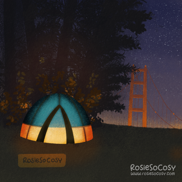 An illustration of a tent on the Kirby Cove Campground in San Francisco.