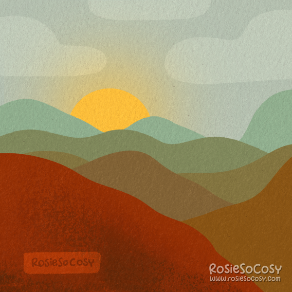 An illustration of a mountain view, with autumn colours and a sunset in the background.