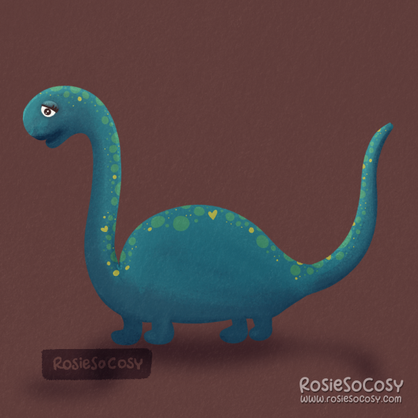 An illustration of a teal, cute, wonky dinosaur with green spots on its back. The dinosaur has some similarities to a brachiosaurus.