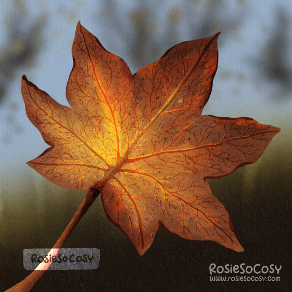 An illustration of an orange/brown leaf during autumn, on a blurred background of a blue sky with trees with leaves.