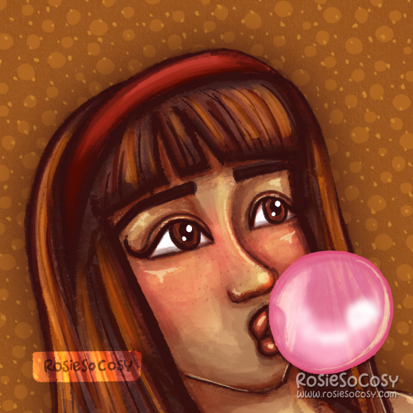 Illustration of a girl with auburn hair, wearing a red hairband. She has brown eyes and sunkissed brown skin. She has a blush on her cheeks and is blowing a pink bubblegum.