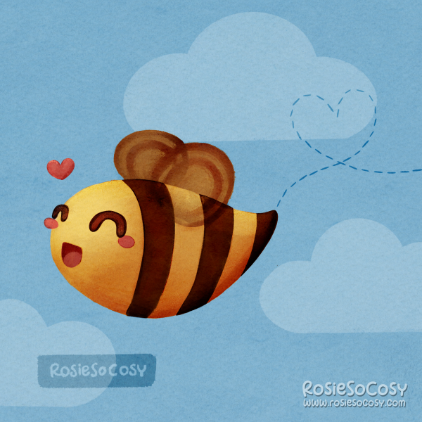 An illustration of a cute yellow and very dark brown striped bee, with happy closed eyes and a happy little grin. The sky is light blue and has a heart trail behind the bee.