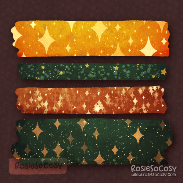 An illustration of a set of 4 washi tapes, all matching with sparkly patterns, and gorgeous autumnal colours.