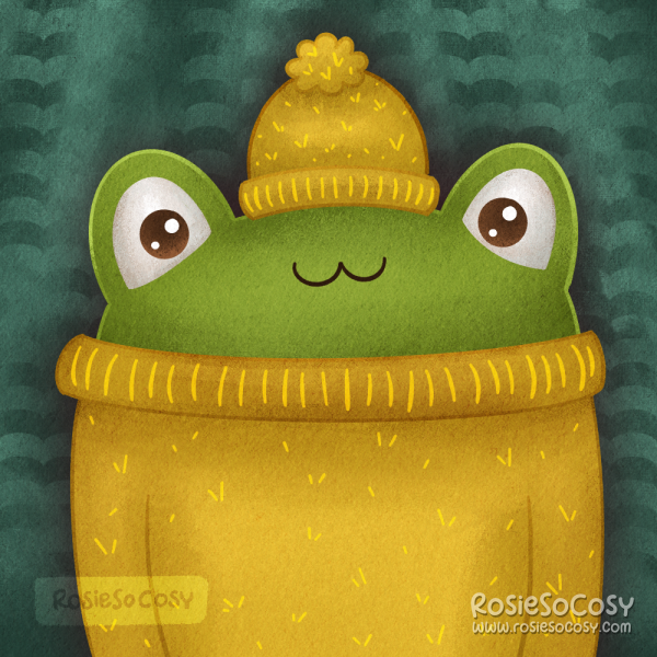 An illustration of a green frog wearing a knitted yellow jumper and a matching knitted yellow hat.