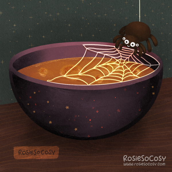 A dark purple bowl with an orange pumpkin like soup bubbling inside. The bowl sits on a wooden table, and there is a cute black spider spinning a web on top of the bowl.