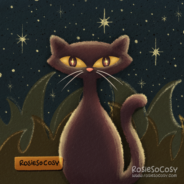 An illustration of a retro, 50s, googie, mid-century modern, atomic style cat. It is a very dark brown, withyellow, starry eyes. It’s nighttime. There are plenty of stars in the background.