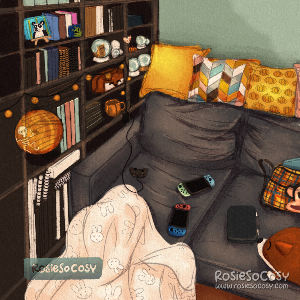 Illustration of a cosy corner in Rosie’s living room. It shows a room with seafoam walls, a 5x5 KALLAX unit with plenty of books and snowglobes.  There are various Halloween decorations inside. The sofa next to the bookcase is a faded grey, with worn down cushions, and colourful decorative cushions at the top. There are two Nintendo Switches on the sofa, as well as a Pro controller, an iPad with pencil, a plaid pattern Paul Frank Julius messenger bag, a Fox plushie and an off-white Nijntje Miffy blanket.