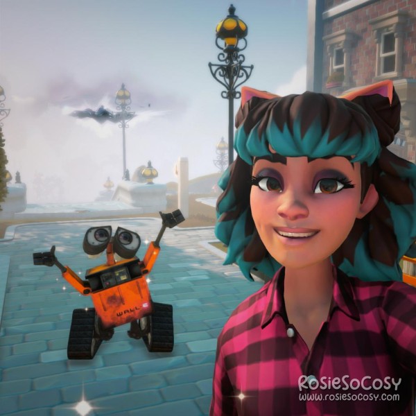 Screenshot from Disney Dreamlight Valley. Rosie's character is hanging out with Wall-E in the valley.