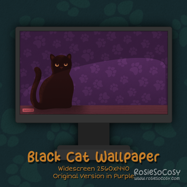 "Salem" Black Cat. Widescreen Wallpaper (2560x1440). Original Version. Purple Background. Created by RosieSoCosy aka Rosana Kooymans 