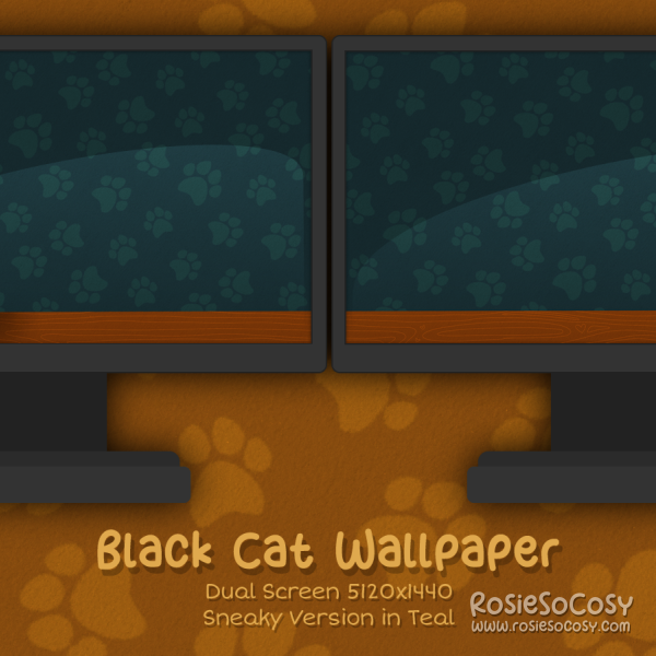 "Salem" Sneaky Black Cat. Dual Screen Wallpaper (5120x1440). Original Version. Teal Background. Created by RosieSoCosy aka Rosana Kooymans 