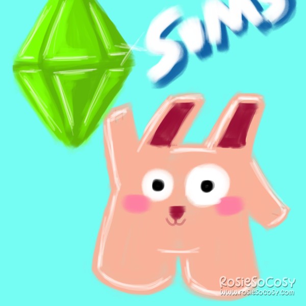 A bright green plumbob next to a pink Freezer Bunny, with the text Sims above it. The background is plain aqua.