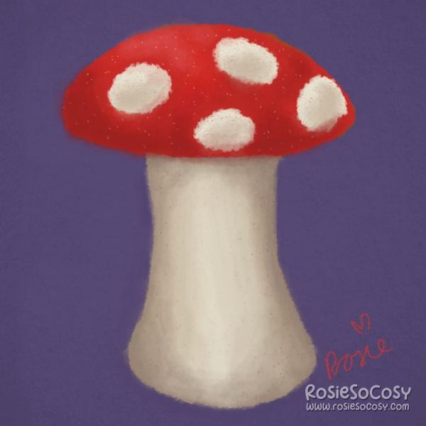 It's a red and white mushroom. The white part is really thick and more a creamy colour. The top is bright red with 4 creamy dots. The background is purple.