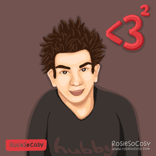 Illustration of hubby with dark brown hair, brown eyes, fair skin and a dark grey/black long sleeved shirt. In the top right corner is a smaller than character, followed by 3 and a superscript 2. 