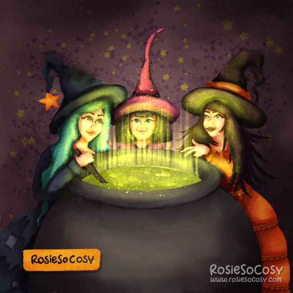 An illustration of three witches standing around a cauldron with a green concoction in it.