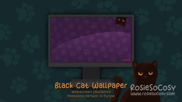 "Salem" Peekaboo Black Cat. Widescreen Wallpaper (2560x1440). Peekaboo Version. Purple Background. Created by RosieSoCosy aka Rosana Kooymans 