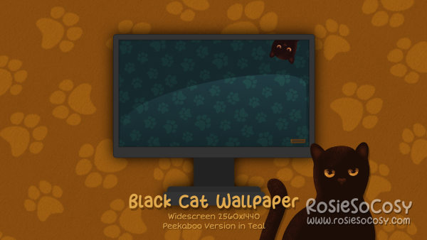 "Salem" Peekaboo Black Cat. Widescreen Wallpaper (2560x1440). Peekaboo Version. Teal Background. Created by RosieSoCosy aka Rosana Kooymans 