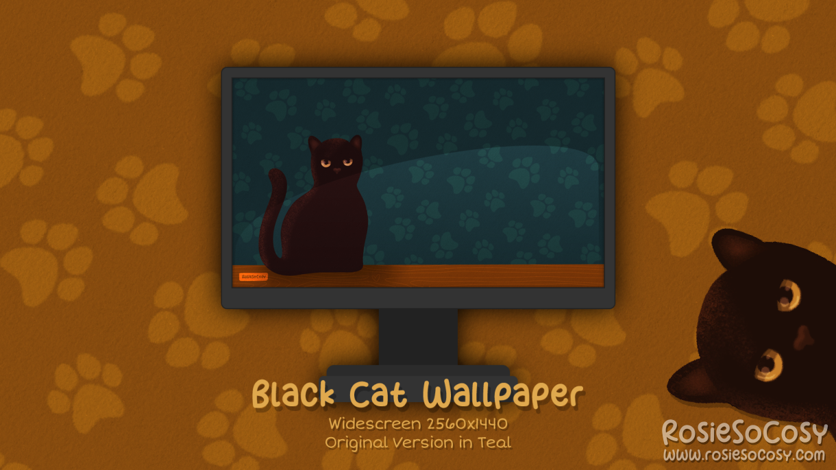 "Salem" Black Cat. Widescreen Wallpaper (2560x1440). Original Version. Teal Background. Created by RosieSoCosy aka Rosana Kooymans 