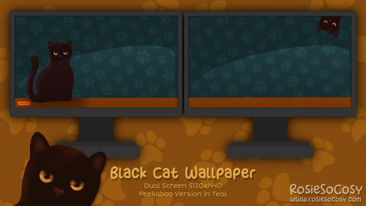 "Salem" Peekaboo Black Cat. Dual Screen Wallpaper (5120x1440). Peekaboo Version. Teal Background. Created by RosieSoCosy aka Rosana Kooymans 