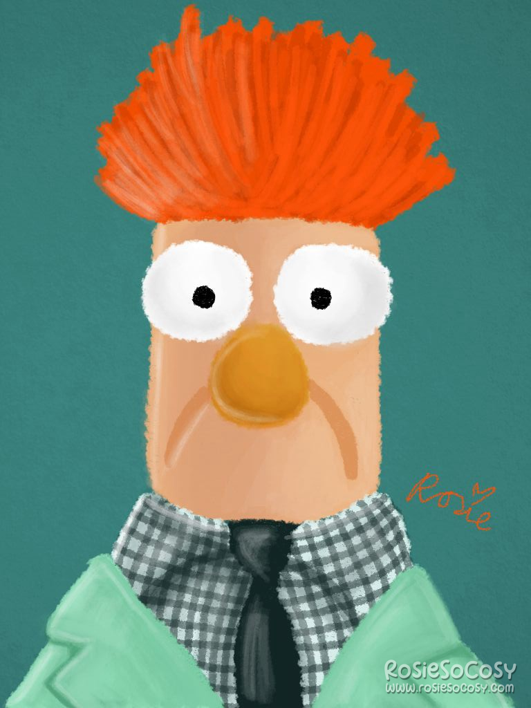 Beaker is a Muppet. He has bright orange hair, a plaid button up shirt and a lab coat. He wears a black tie. As per usual Beaker is looking alarmed with big white eyes, a big orangy nose and his mouth is closed, with the corners pointing down. The background is a teal colour.