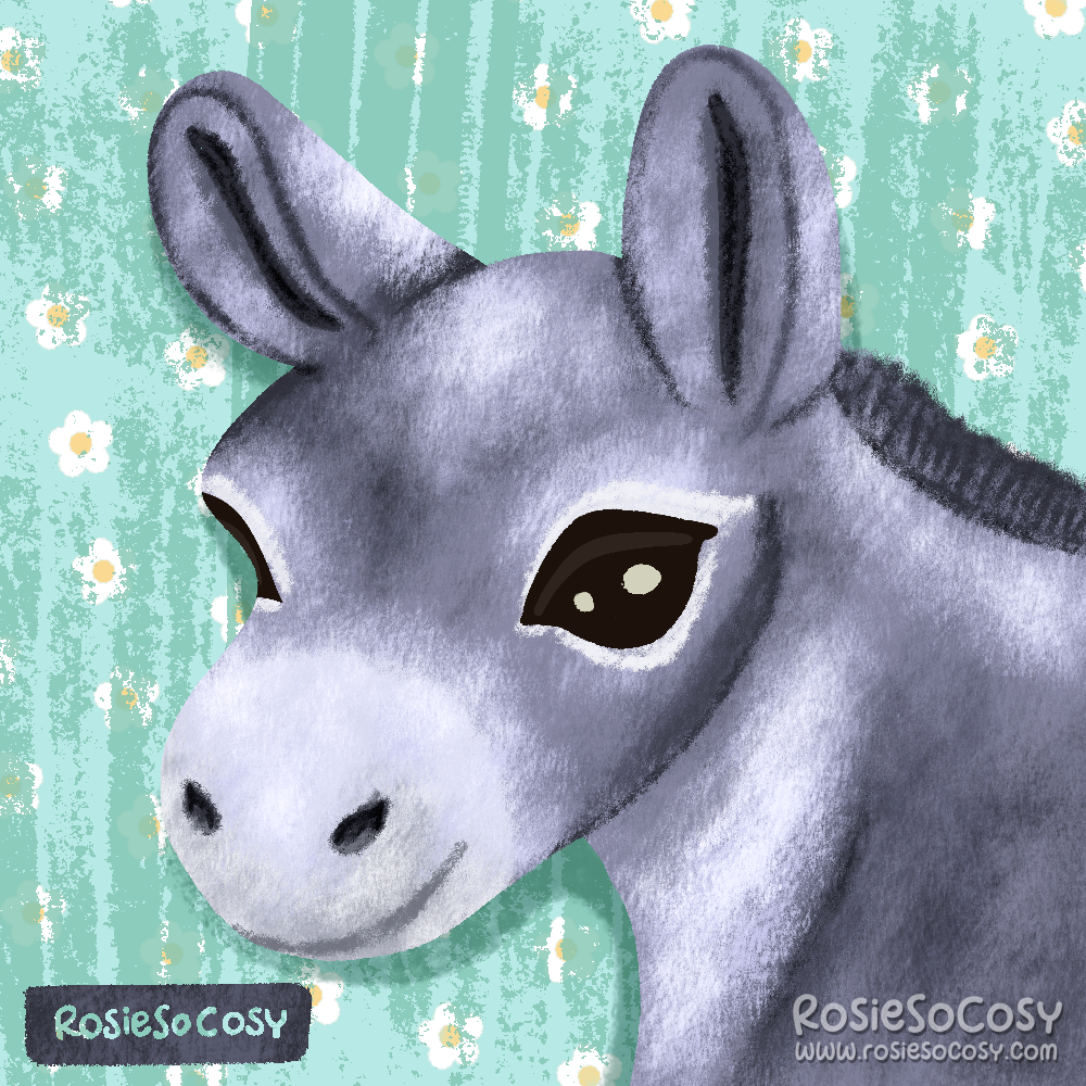 It’s an illustration of a cute, grey donkey.