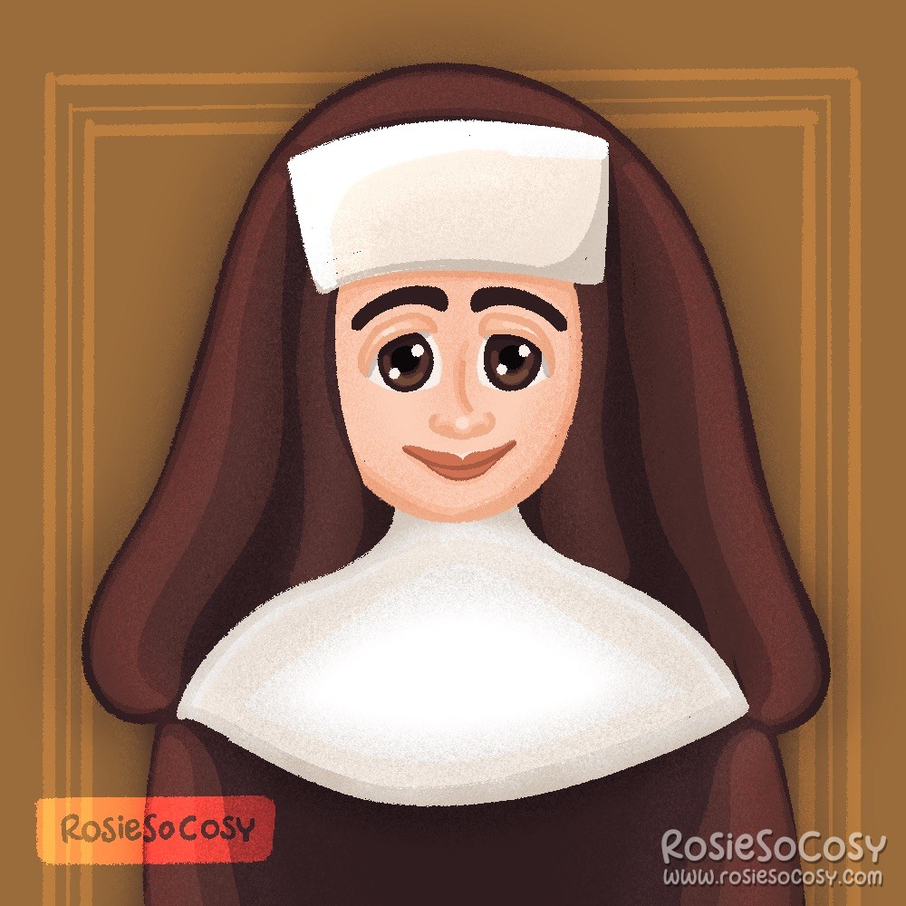 An illustration of a nun. She has fair skin and dark brown eyes. She is smiling and looks kind. She's standing in front of a wainscoting wall.