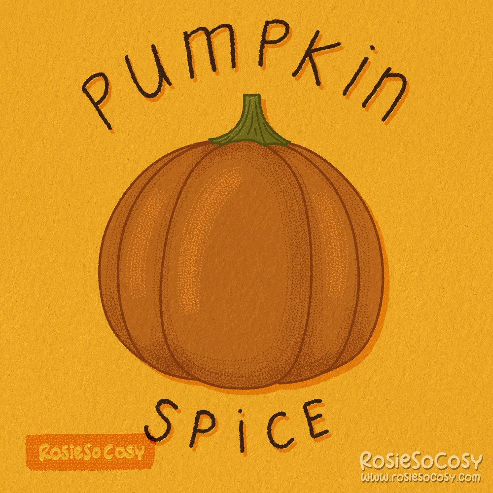 An illustration of an orange pumpkin on a yellow background, with the text "pumpkin" above it, and "spice" below it.