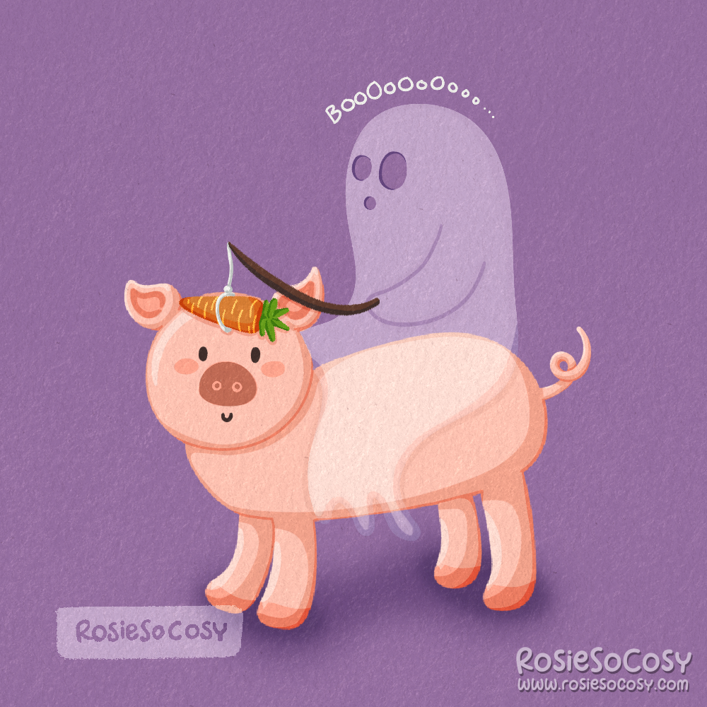 An illustration of a ghost riding a piggy. The ghost is translucent and is holding a carrot on a stick, luring the piggy.