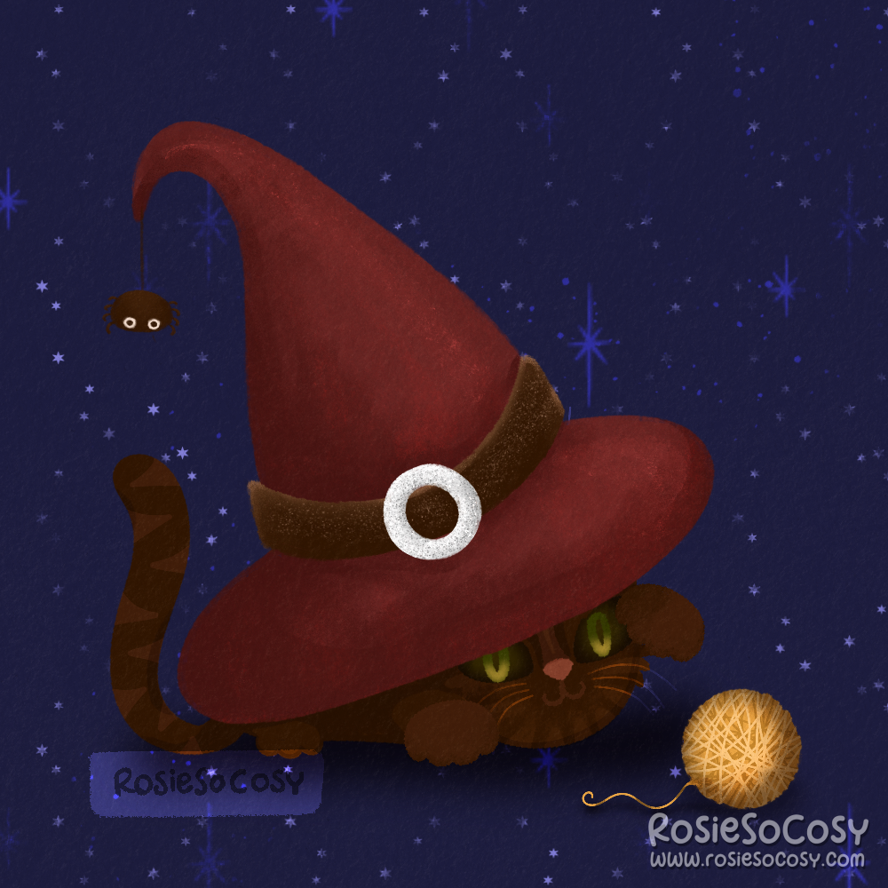 An illustration of a massive red witch's hat with a (very dark brown) black kitty cat underneath, playing with a golden ball of wool.