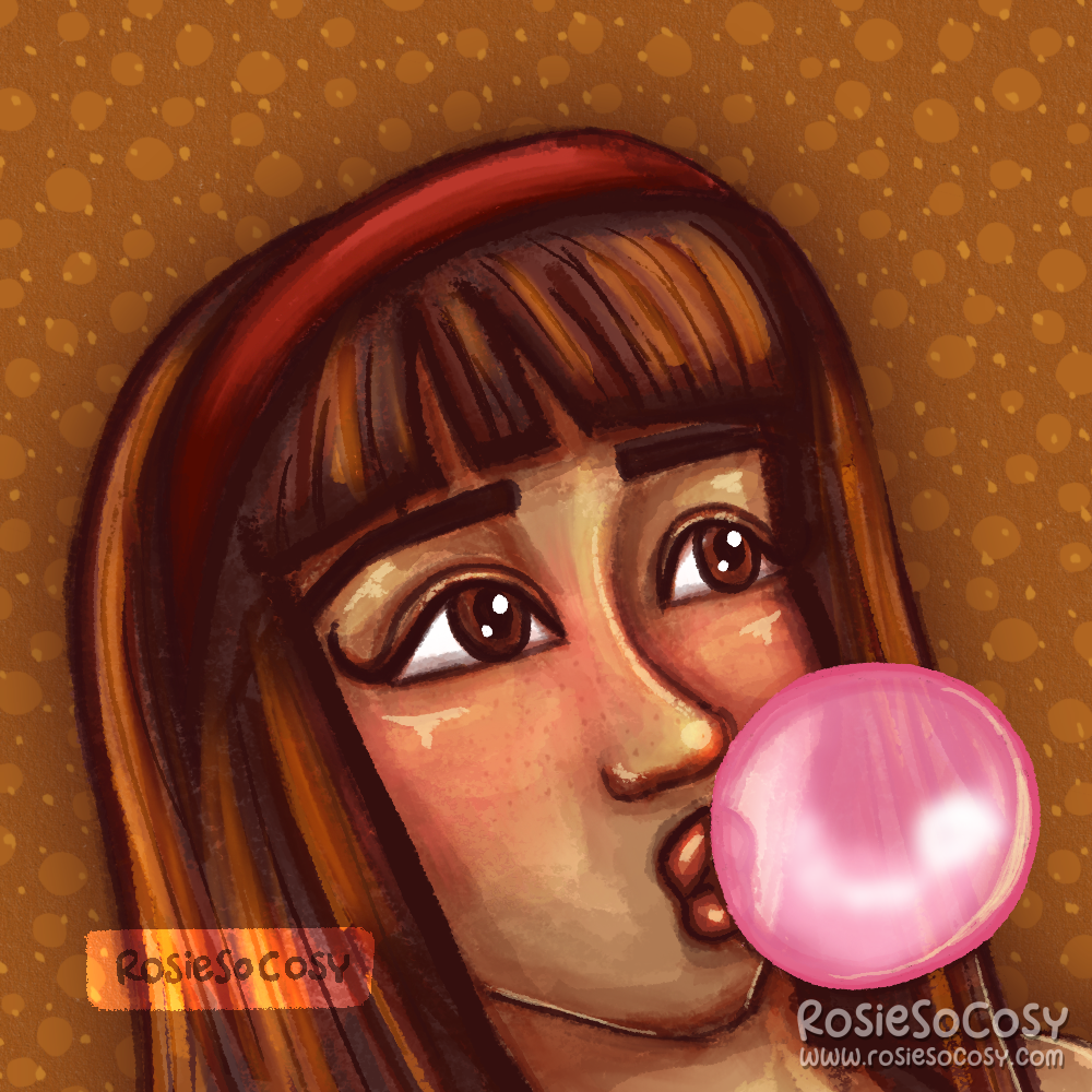 Illustration of a girl with auburn hair, wearing a red hairband. She has brown eyes and sunkissed brown skin. She has a blush on her cheeks and is blowing a pink bubblegum.