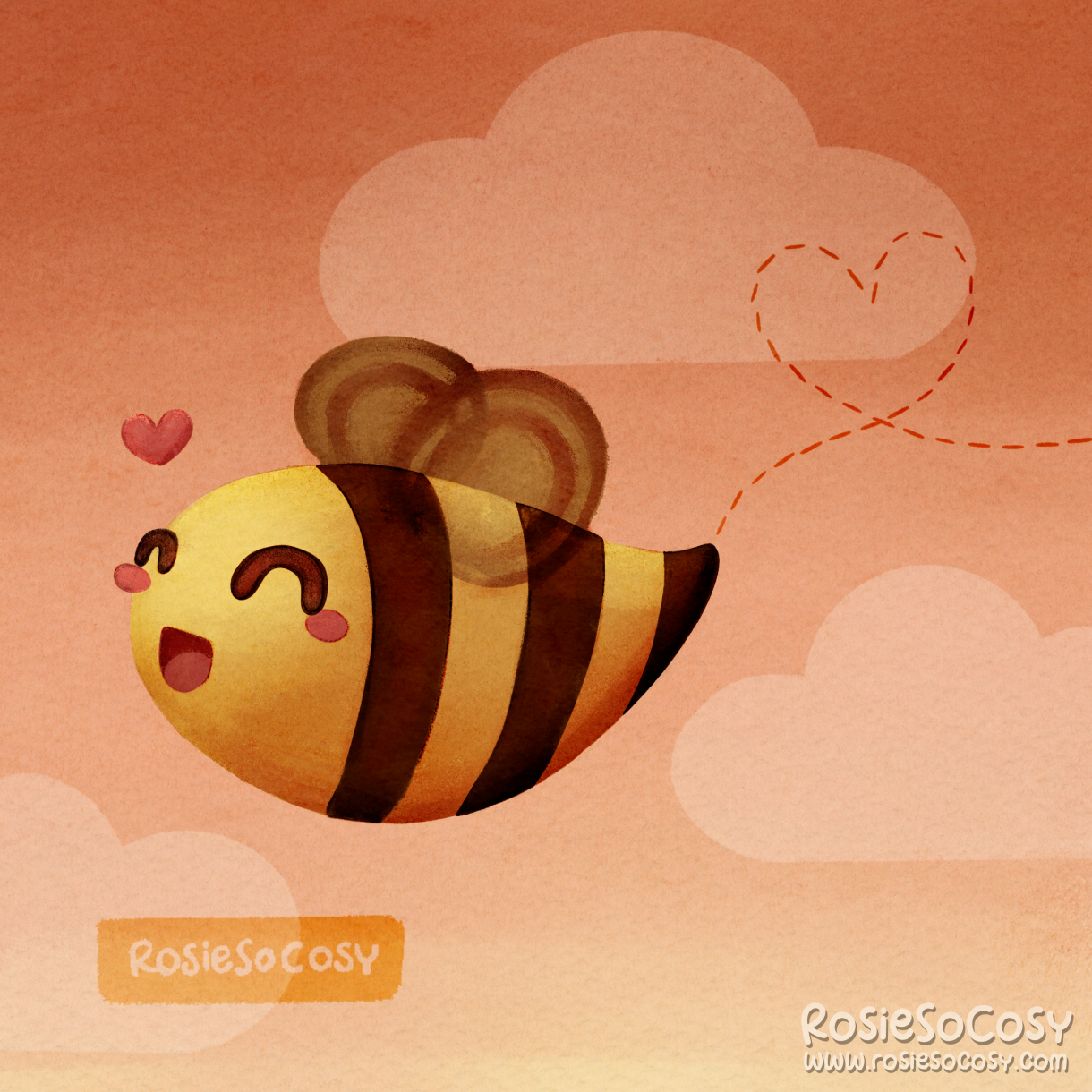 An illustration of a cute yellow and very dark brown striped bee, with happy closed eyes and a happy little grin. The sky is pink and has a heart trail behind the bee.