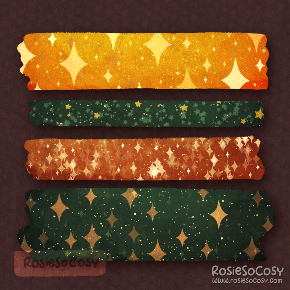 An illustration of a set of 4 washi tapes, all matching with sparkly patterns, and gorgeous autumnal colours.