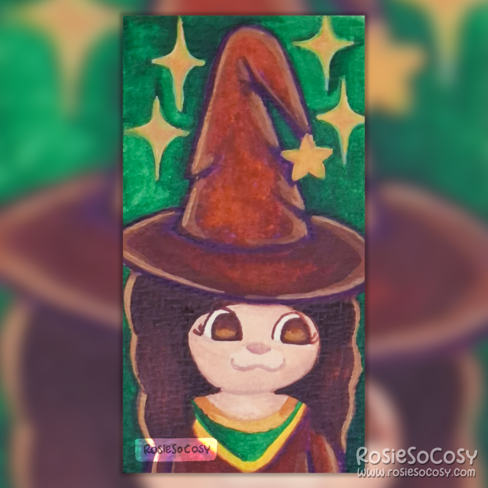 A watercolour painting of a cute little witch. She has fair skin, brown eyes and auburn hair. She is wearing a worn down witch’s hat and a witch gown in a purple brown colour. The background is green with golden yellow sparkles.